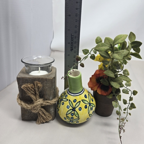 Trio Of Table Art Wood Candle Holder Pottery Vase Pansies In A Pot Home Decor - Picture 10 of 10